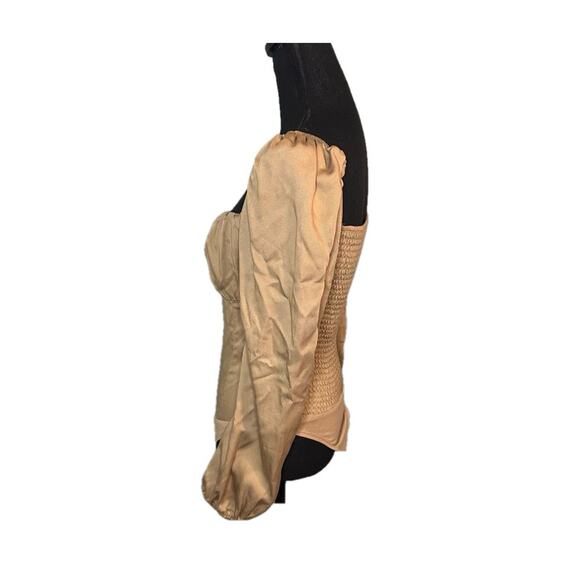 Lani the Label Tan Bodysuit | Ruched Square Neck | Balloon Sleeve | Size M - Picture 5 of 9